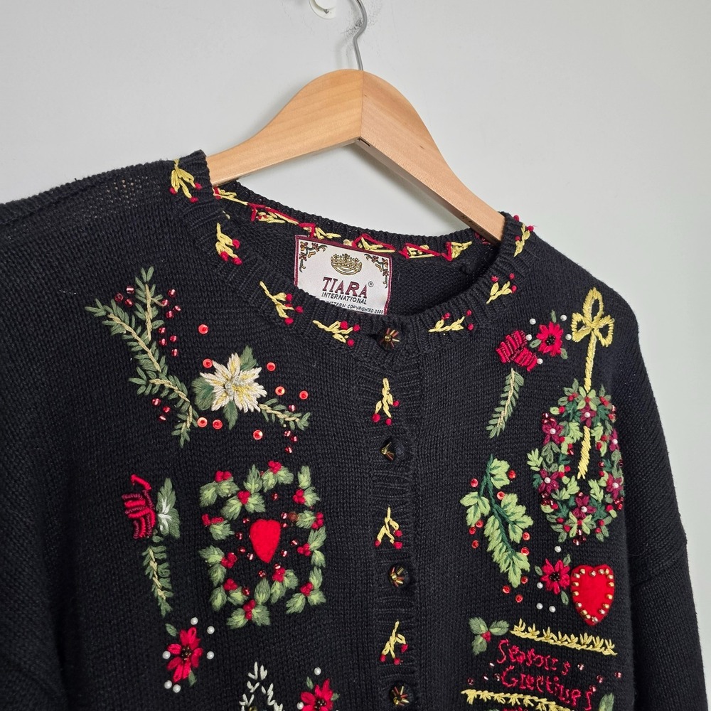 Vtg 2000 Tiara International Embroidered Christmas Sweater Cardigan Sz L Holiday - Picture 4 of 11